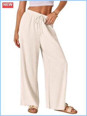 Cotton Linen Palazzo Pants Drawstring Elastic Waist Wide Leg Trousers